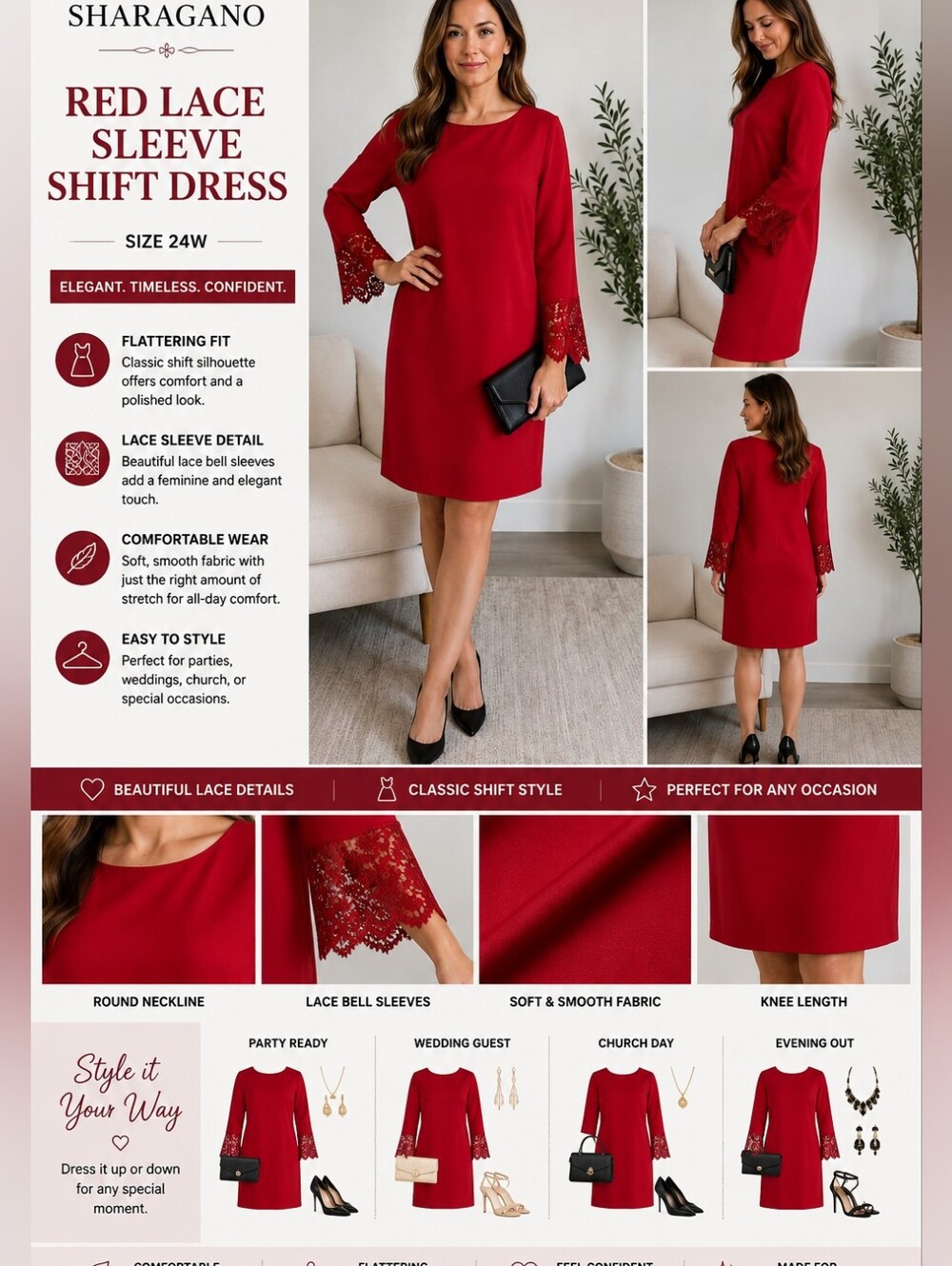 Sharagano Red Lace Sleeve Shift Dress Women Elegant Cocktail Party Dress, Sz 24W